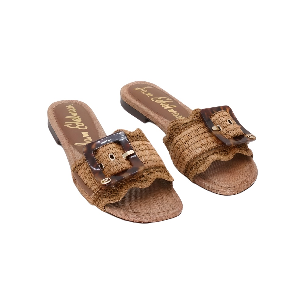 Sam Edelman Bambi Flat Slide Buckle Sandals Cuoio Raffia Brown Size 9.5M